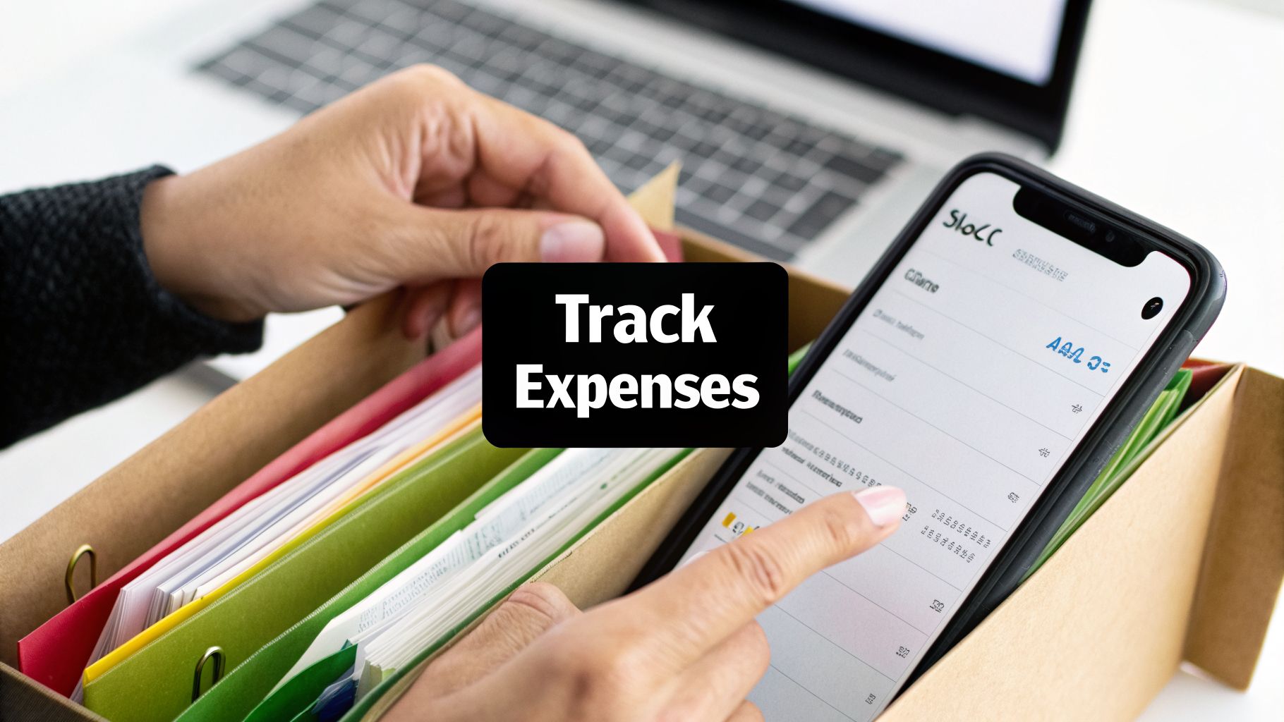 Person tracking expenses on a smartphone, organizing files in a box, with a laptop in the background.