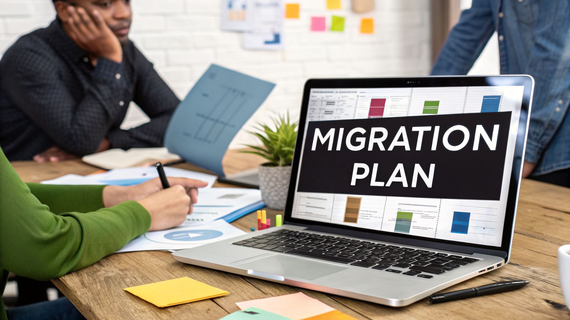 People in a meeting discussing a migration plan displayed on a laptop screen with charts.