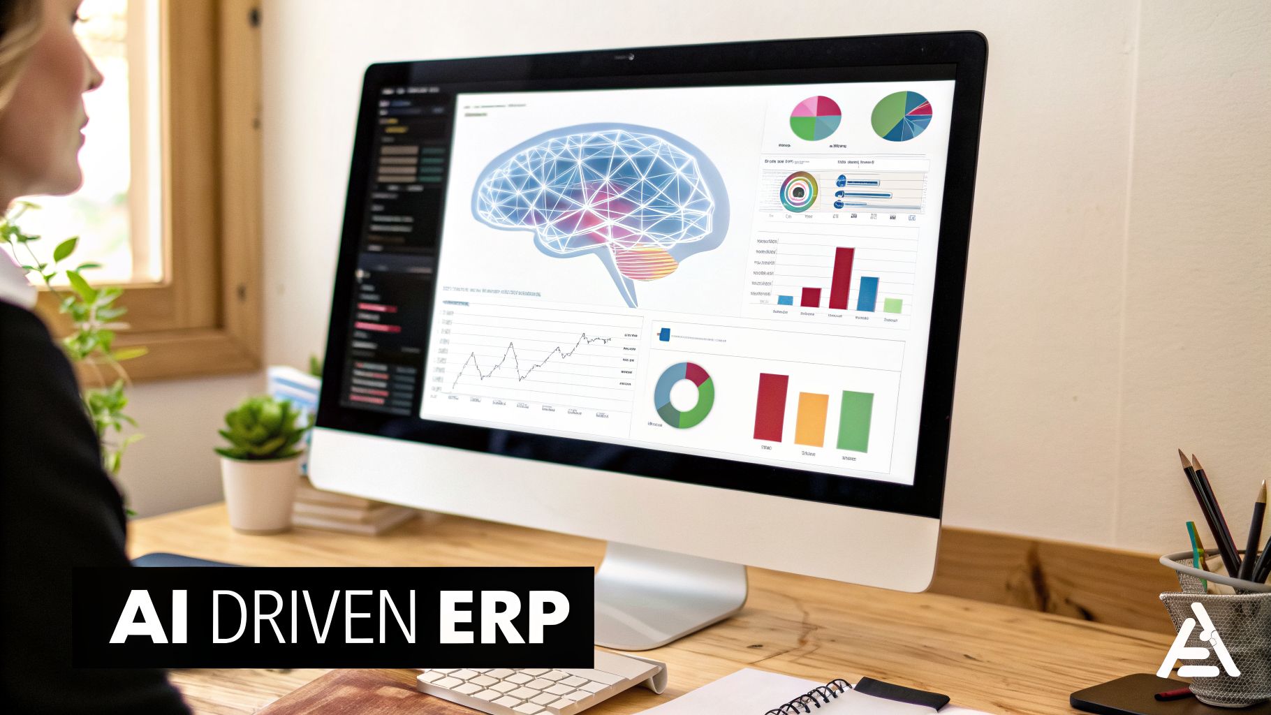 A businesswoman reviews an AI-driven ERP system dashboard featuring a brain graphic and data charts.