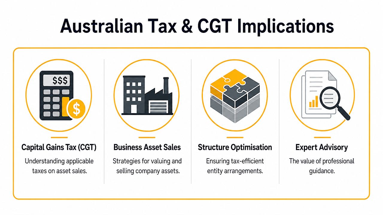 An infographic titled Australian Tax and CGT Implications covering asset sales, structure optimisation, and expert advisory.