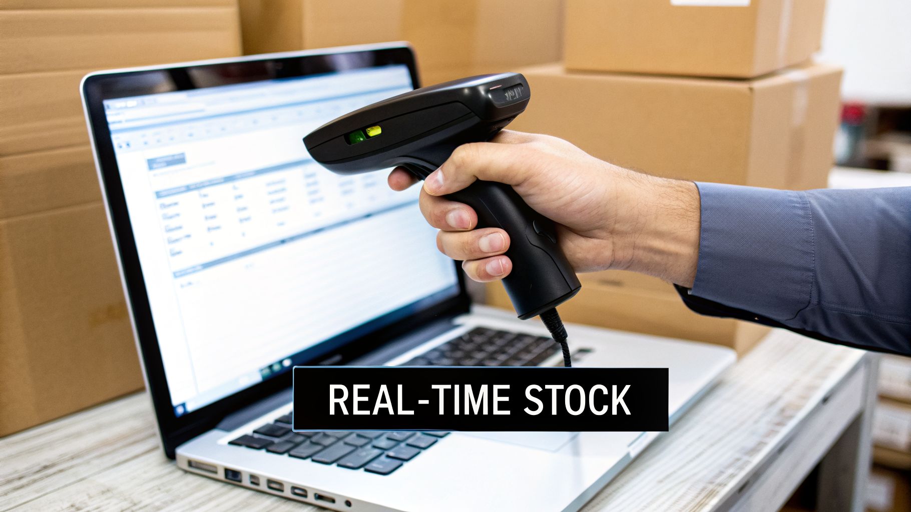 A hand holding a barcode scanner, pointing at a laptop screen displaying inventory data, with cardboard boxes in the background.