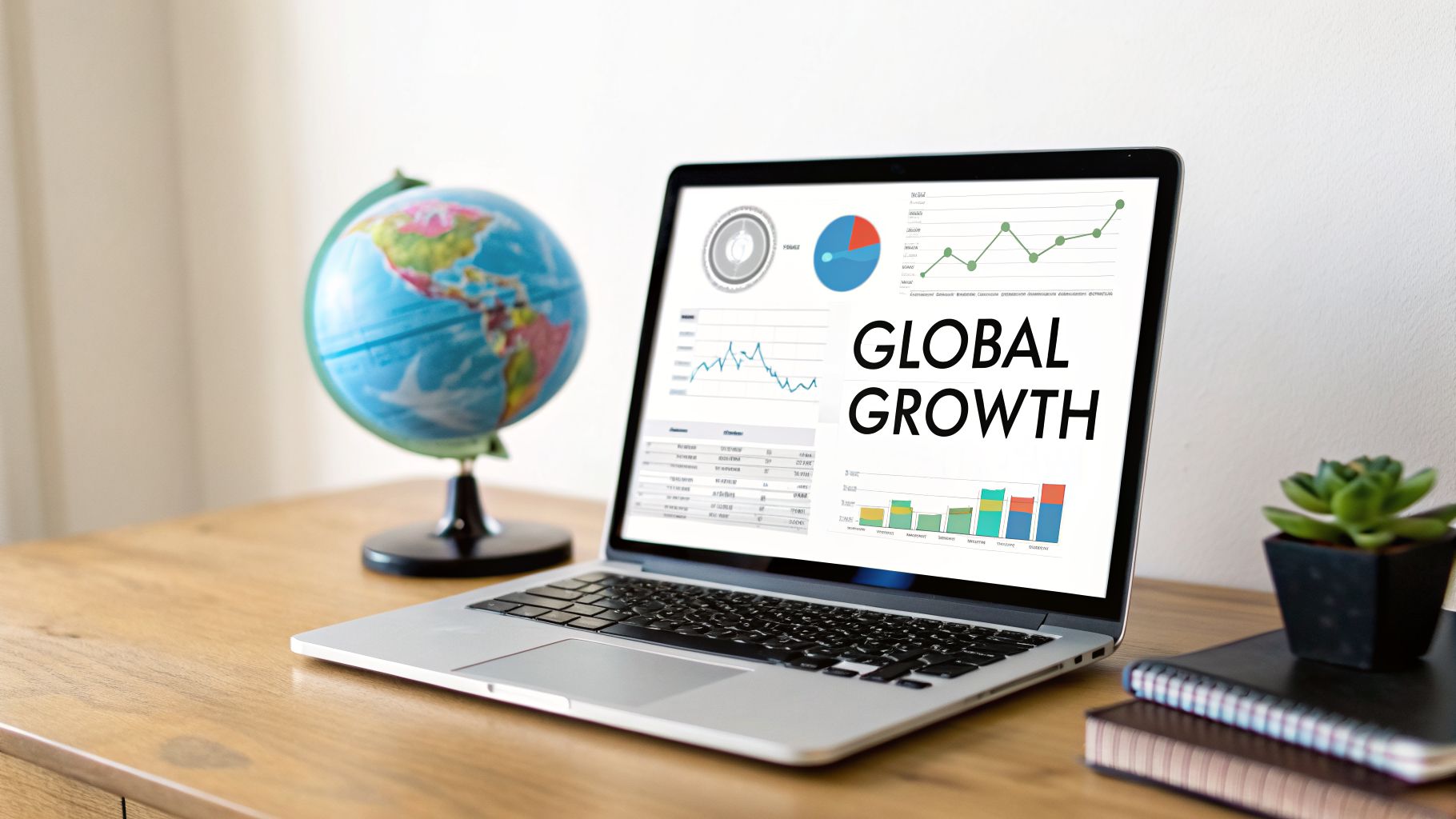 A laptop displaying 'GLOBAL GROWTH' charts, a globe, and a succulent plant on a wooden desk.