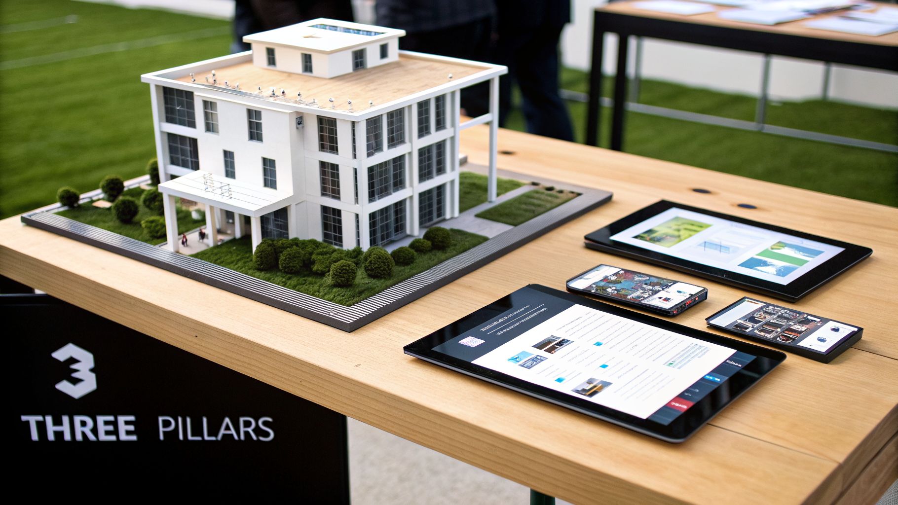 Architectural model and multiple digital devices displaying responsive web design layouts on a wooden table.