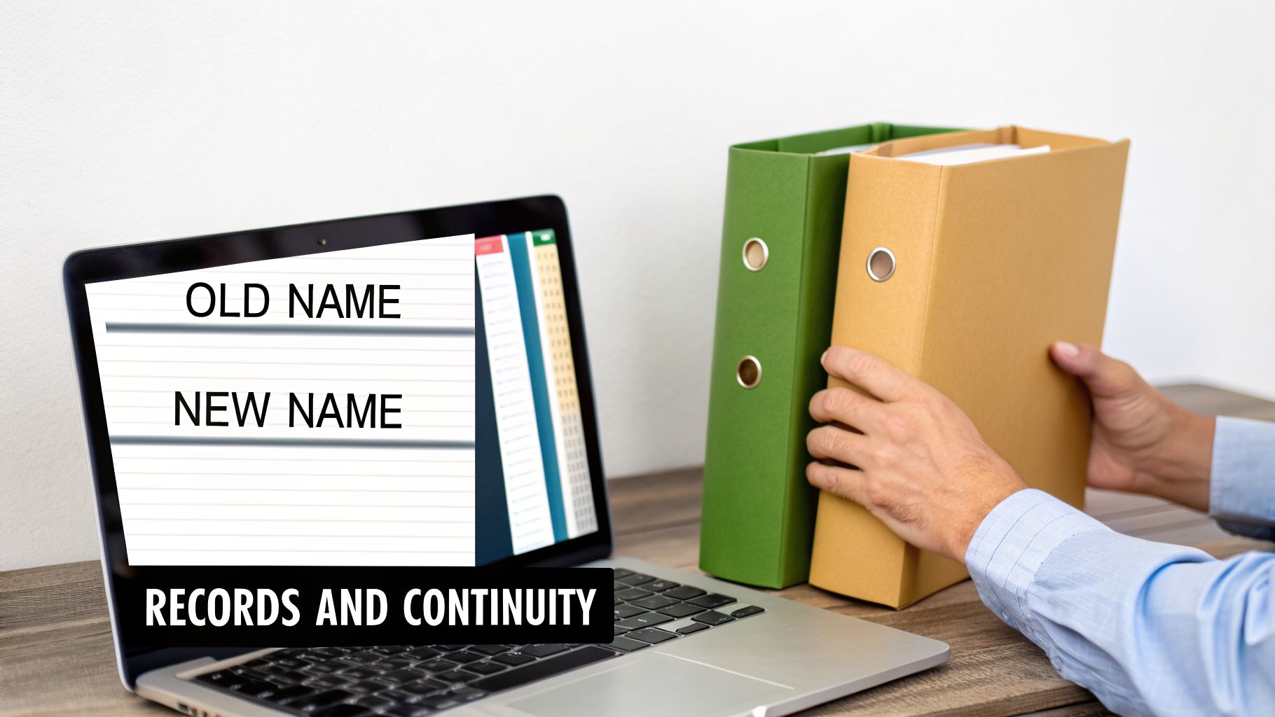 A person updates records with old and new names on a laptop, managing physical binders.