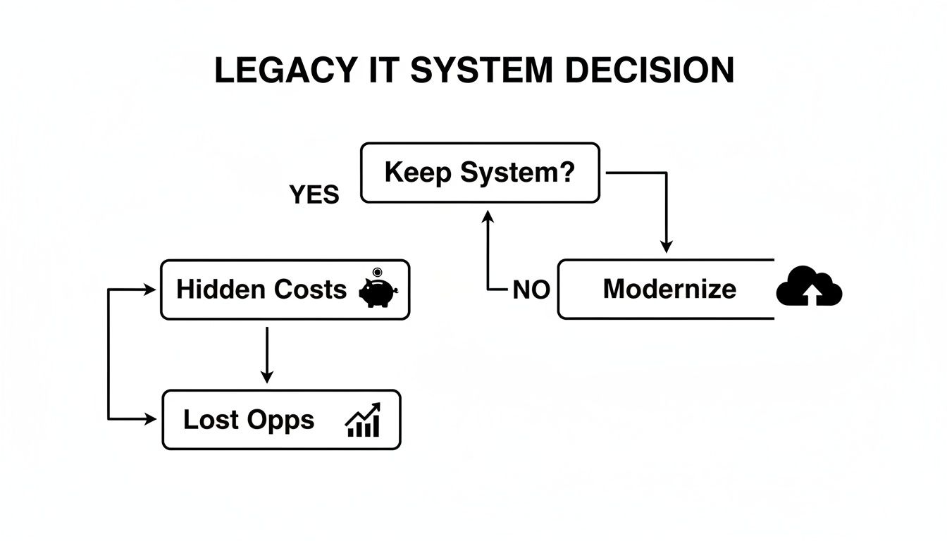 Flowchart illustrating the decision to keep or modernize a legacy IT system, detailing associated costs and benefits.