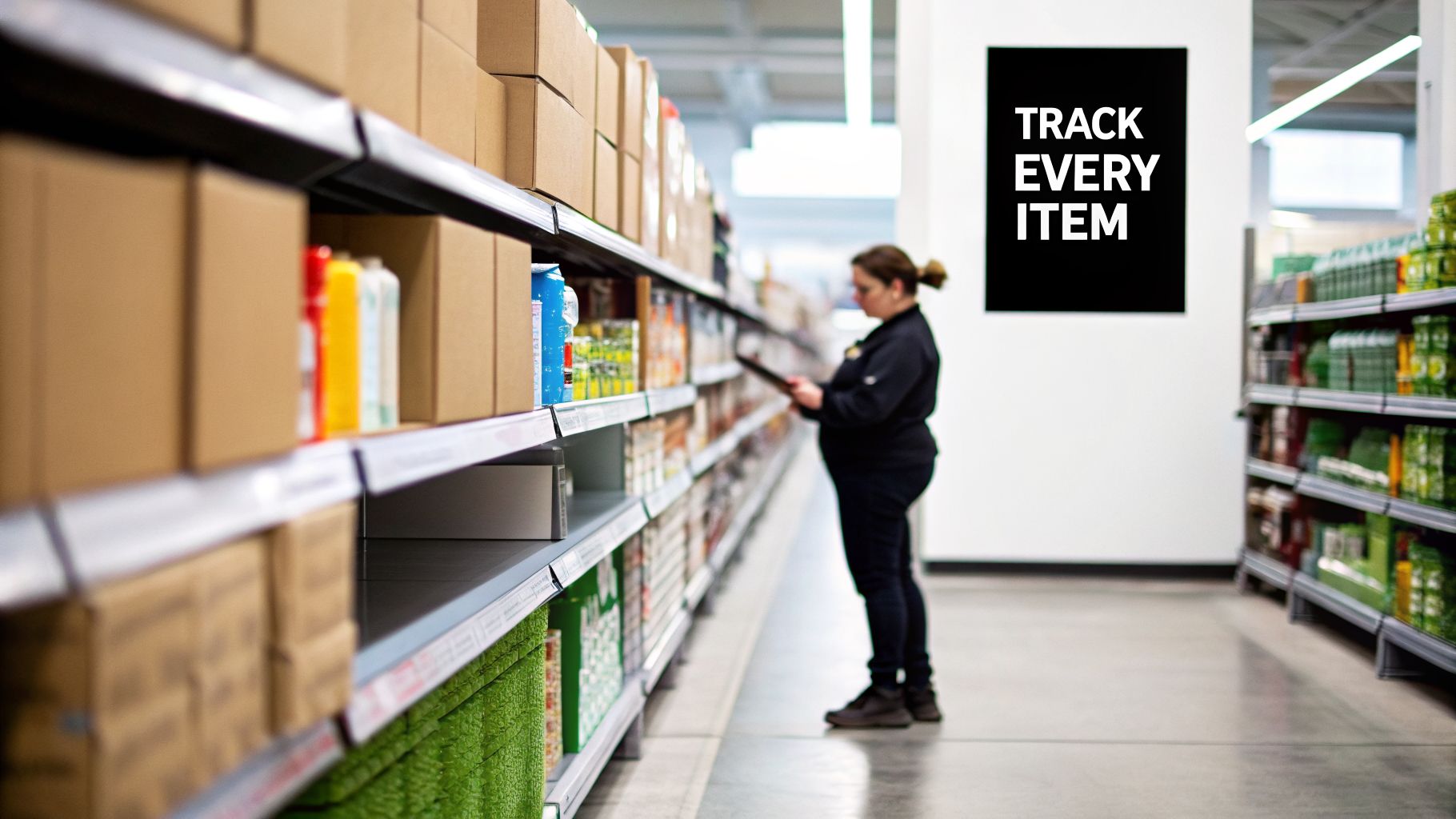 A store employee uses a tablet to manage inventory on well-stocked shelves in a retail environment.