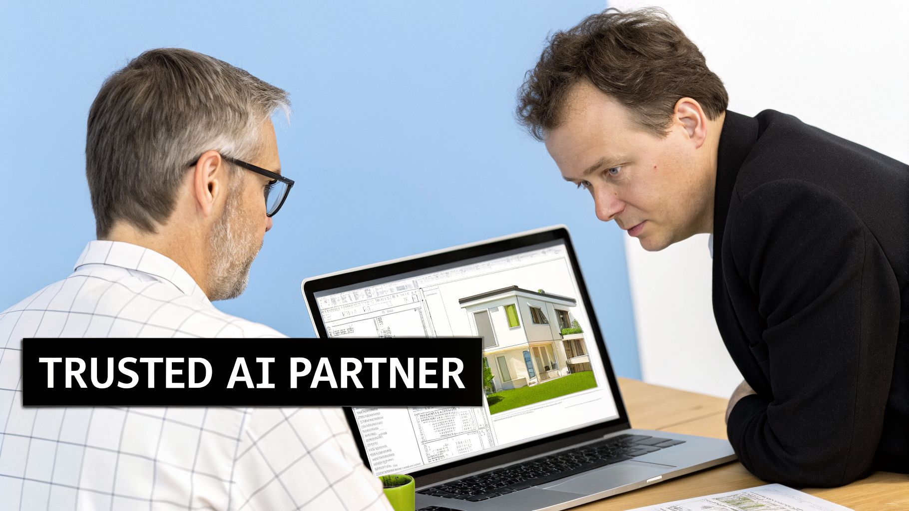 Two men, an architect and a client, collaboratively reviewing a modern house design on a laptop, supported by an AI partner.