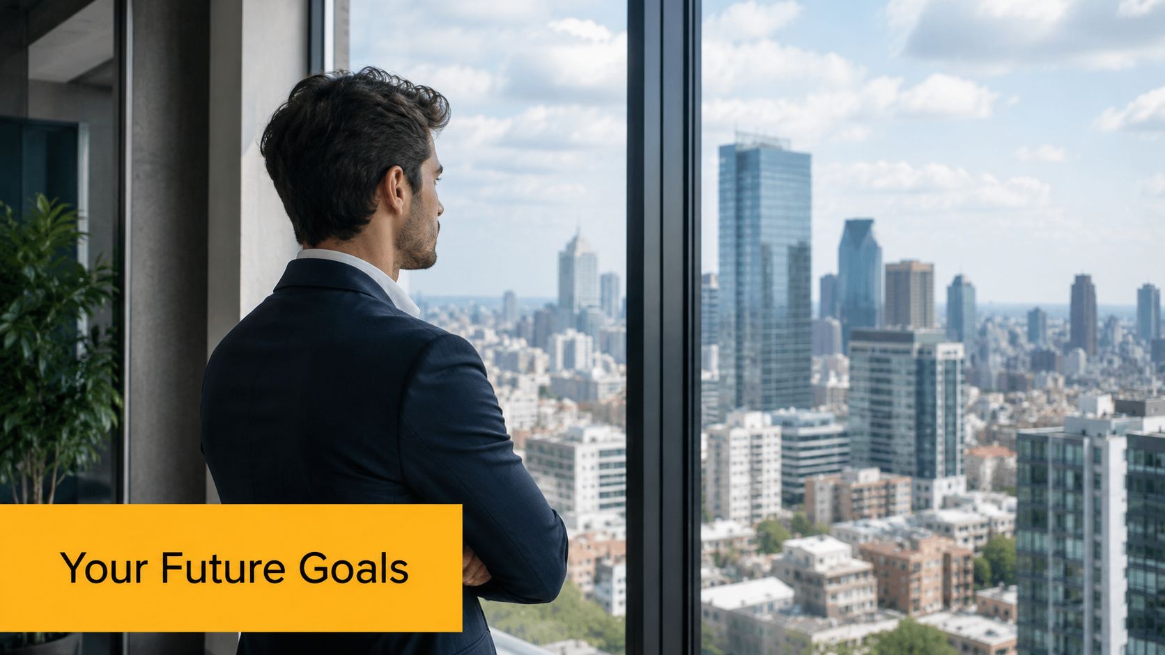 A businessman in a suit looks out a high-rise office window over a busy urban cityscape.