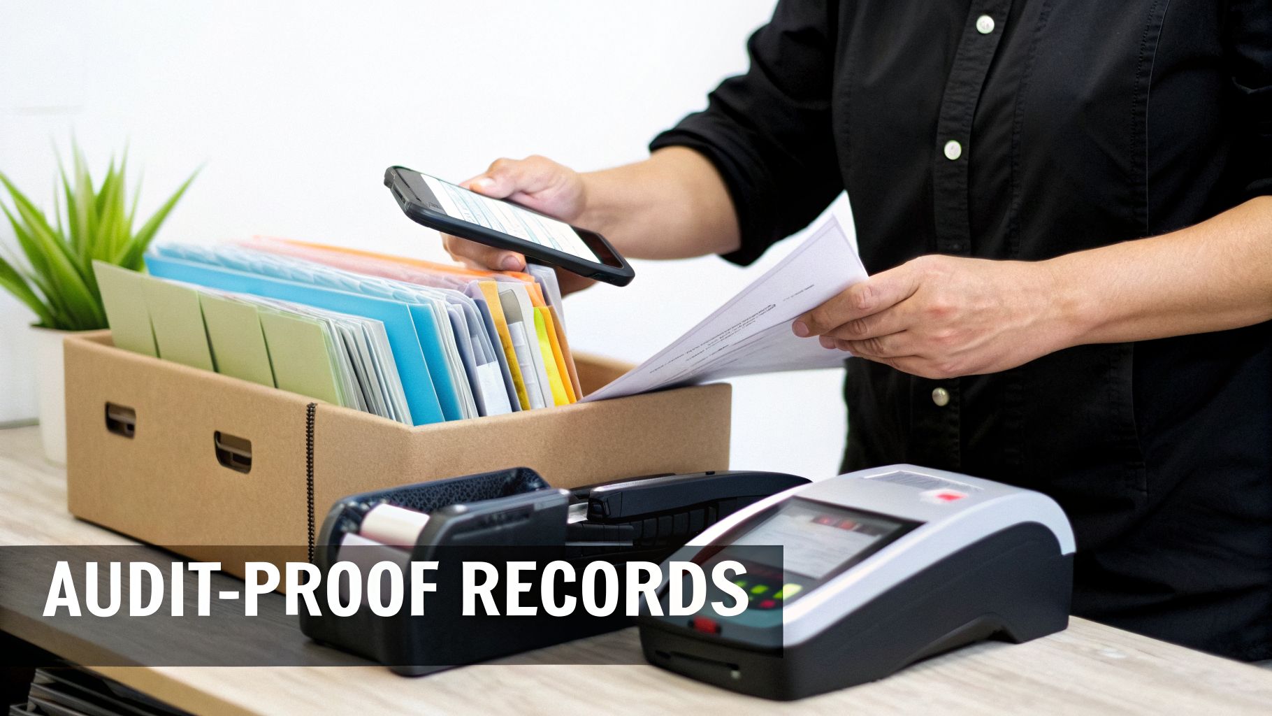 Person scanning paper documents with a smartphone, beside a box of files and payment terminals.