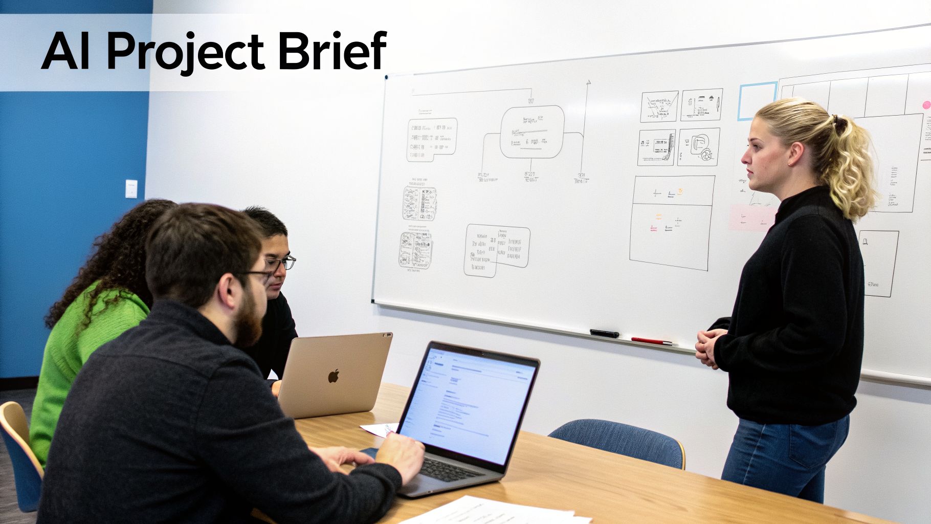 A diverse team of four professionals discussing an AI project brief during a meeting in a modern office.