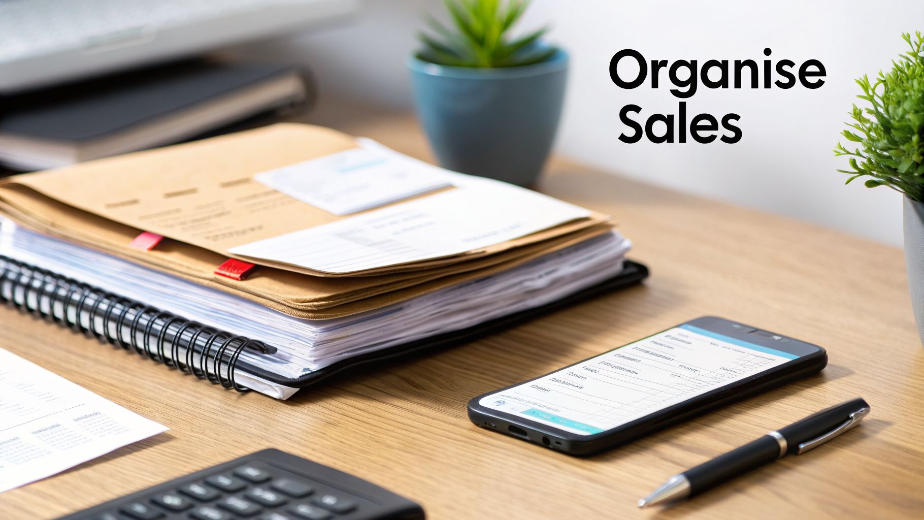 A tidy office desk with stacked documents, a smartphone displaying data, pen, and calculator for sales organization.