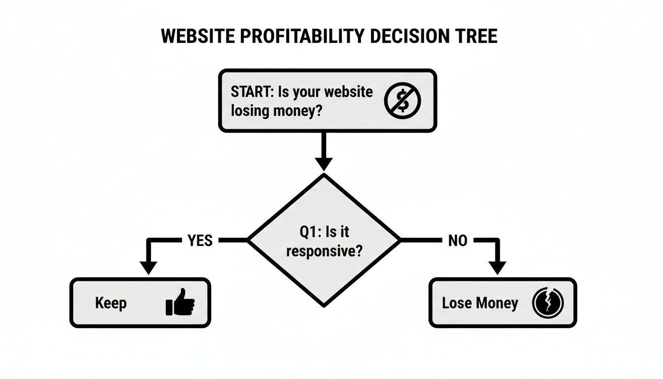 A decision tree flowchart for website profitability, asking if the website is responsive.