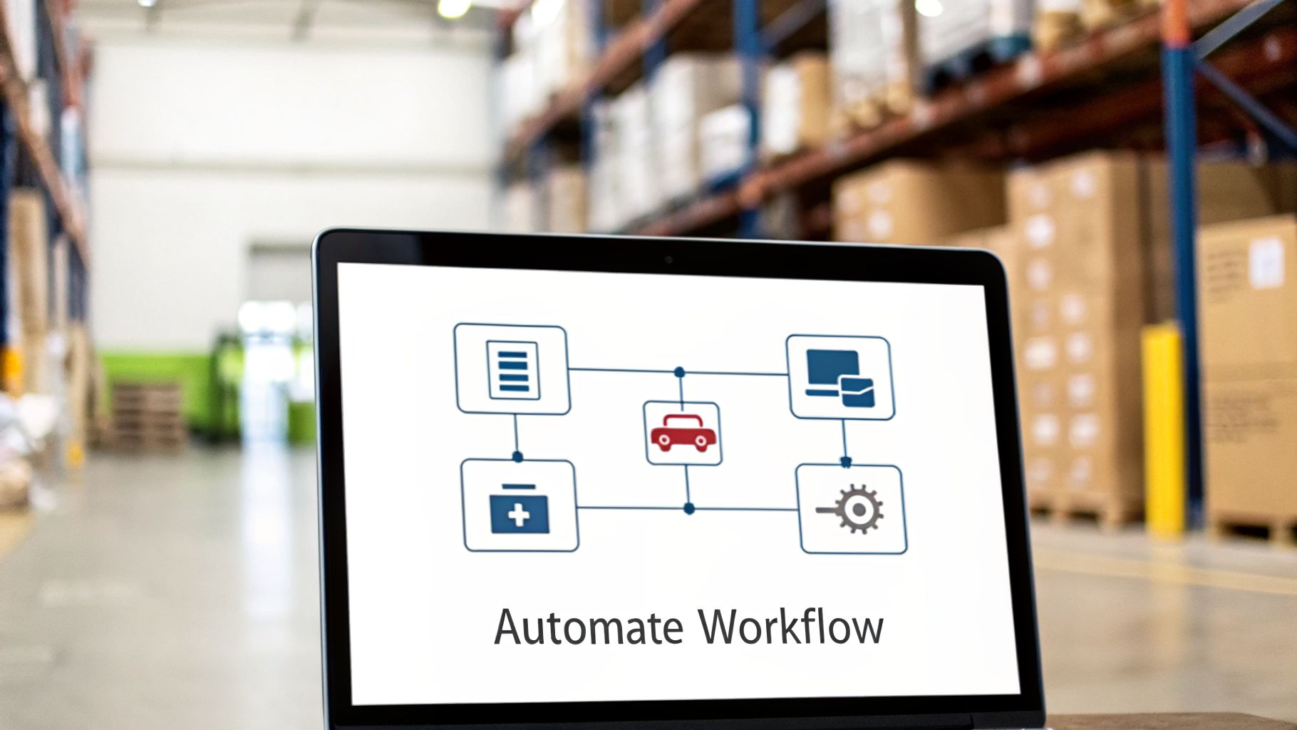 A laptop screen showing an 'Automate Workflow' diagram with various icons in a warehouse.