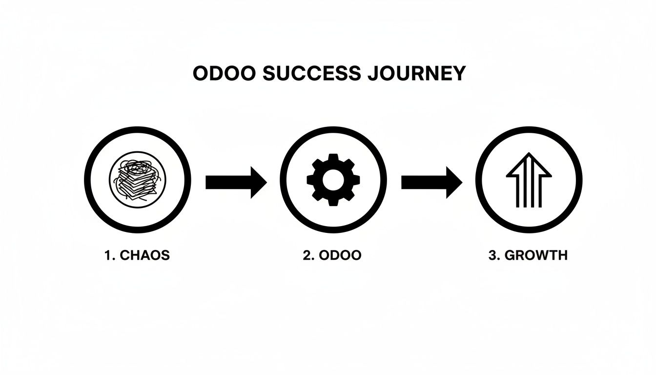 A black and white infographic titled 'Odoo Success Journey' showing a three-step process: Chaos, Odoo, and Growth.