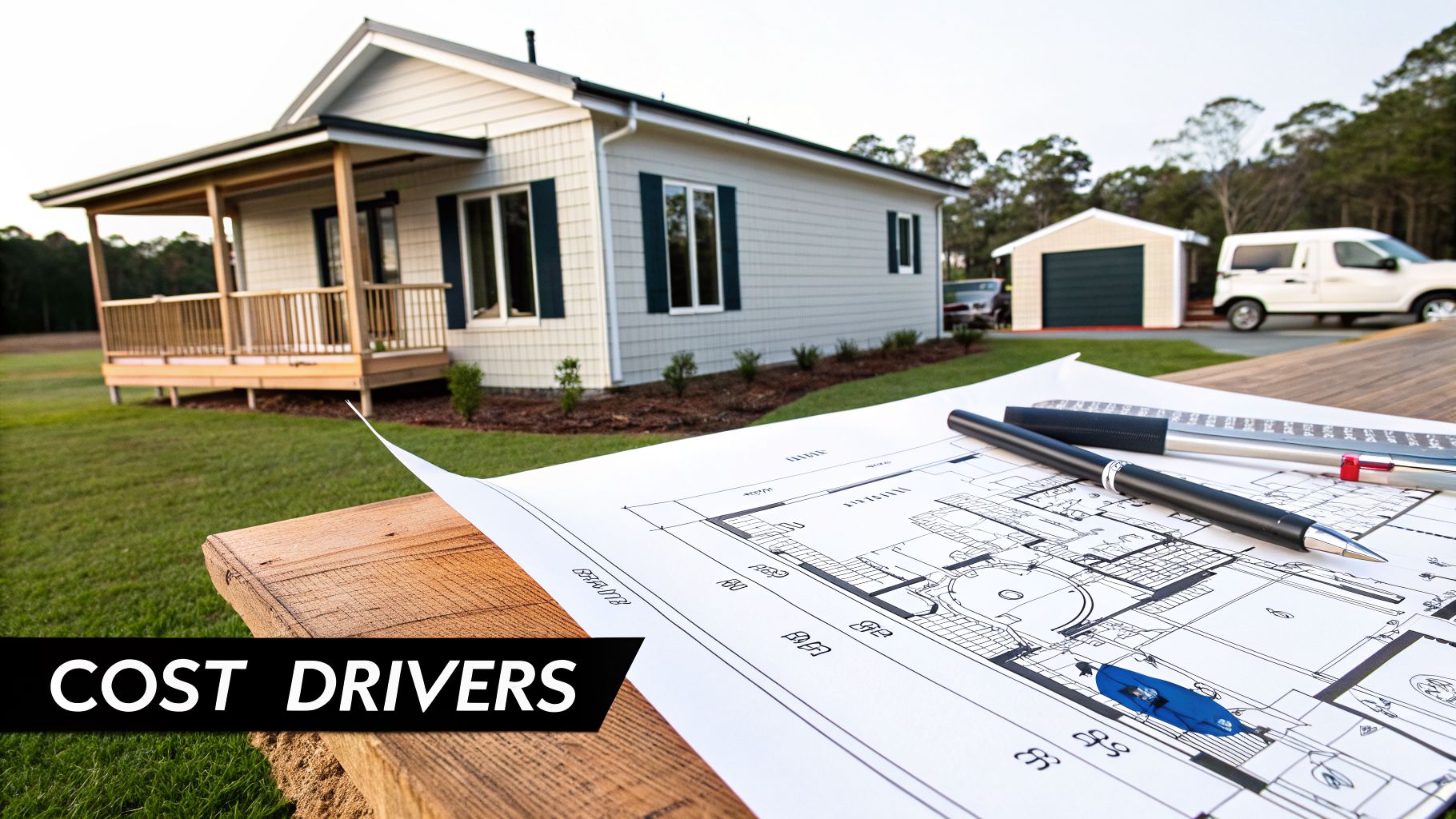 Blueprints and drawing tools on a table, with a new house and garage in the background, symbolizing construction planning.