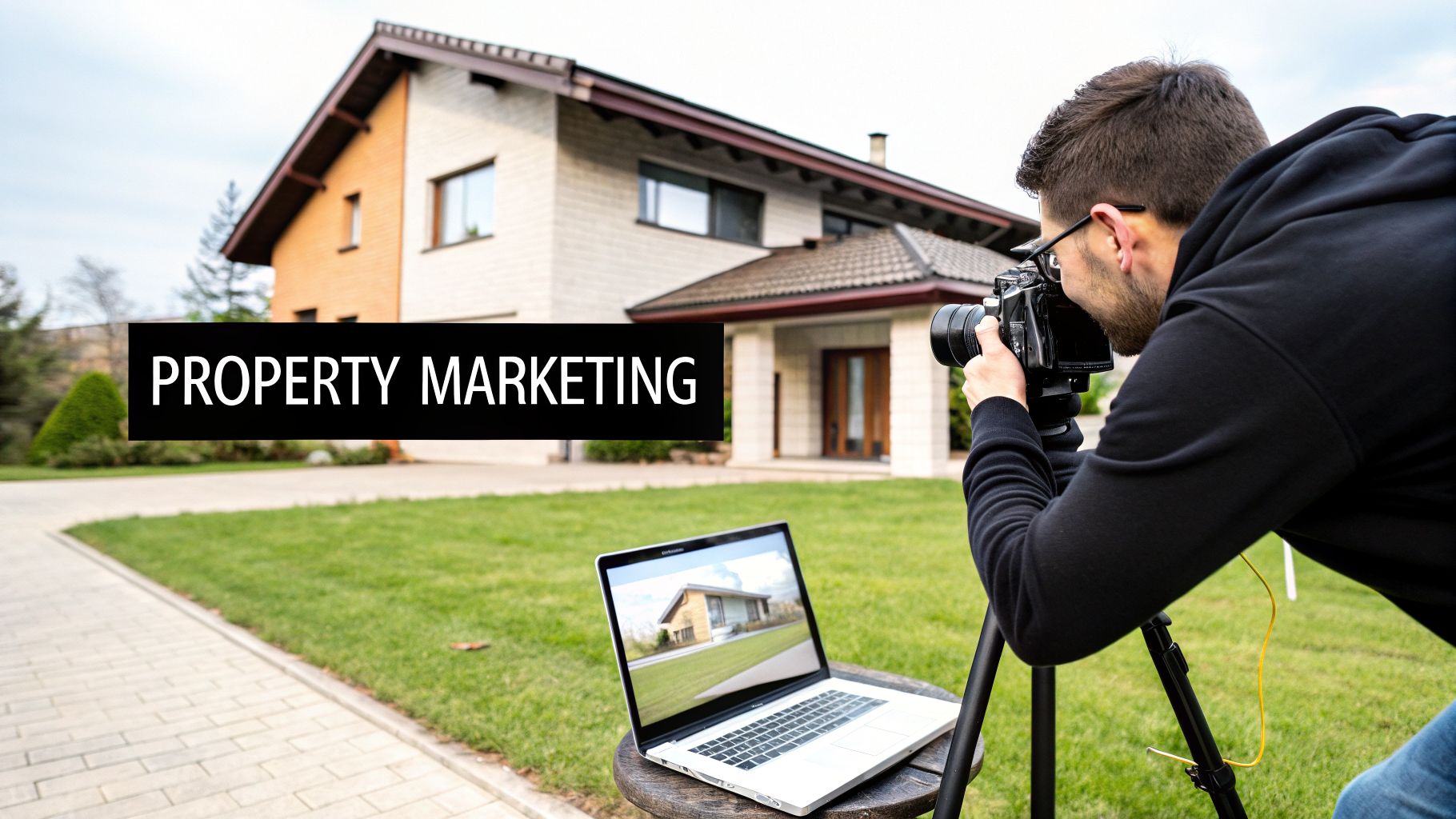 A man photographs a large house with a professional camera and tripod for property marketing, with a laptop displaying a house image.