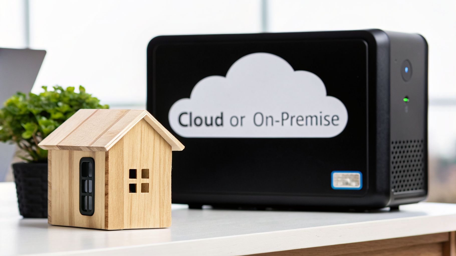 A small wooden house next to a black server-like device with 'Cloud or On-Premise' text.