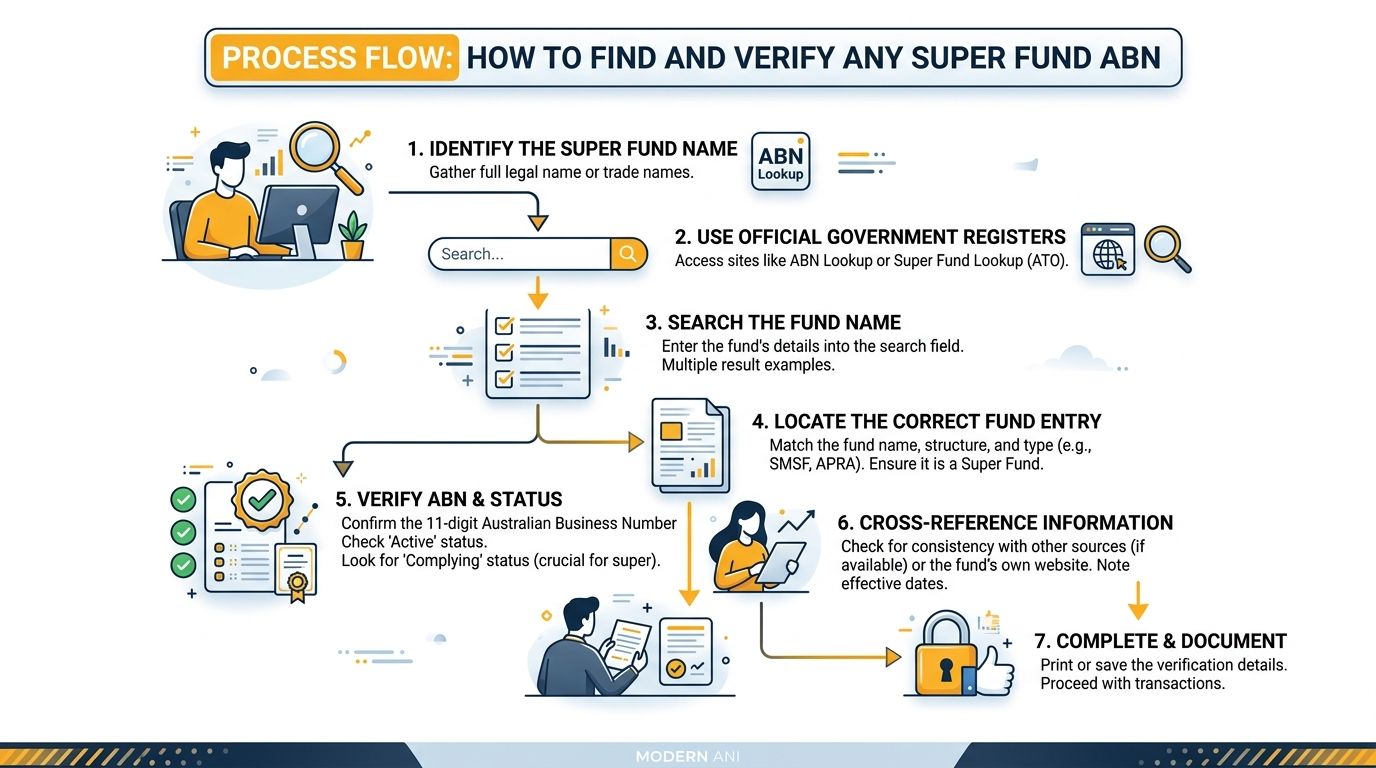 A step-by-step infographic showing the professional process of finding and verifying a super fund ABN number.