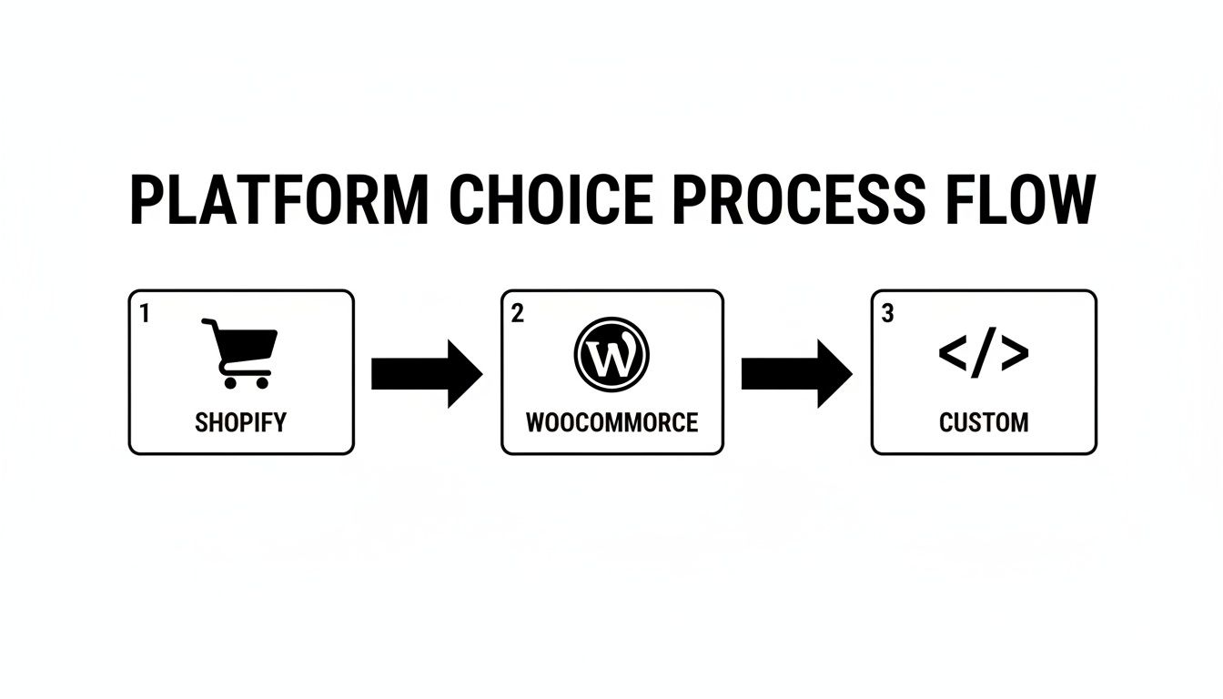 Ecommerce platform choice process flow with steps: Shopify, WooCommerce, and Custom development.