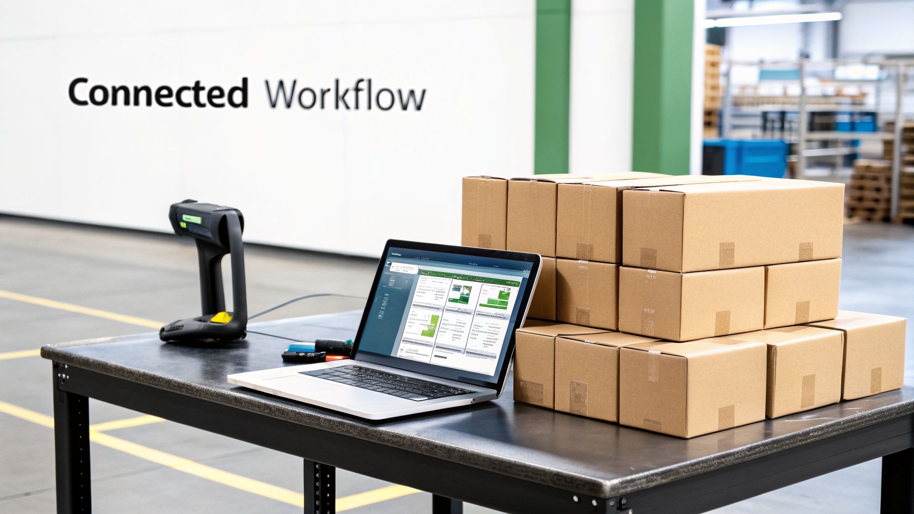 A laptop and barcode scanner on a table next to stacked cardboard boxes in a warehouse, featuring 'Connected Workflow' on the wall.