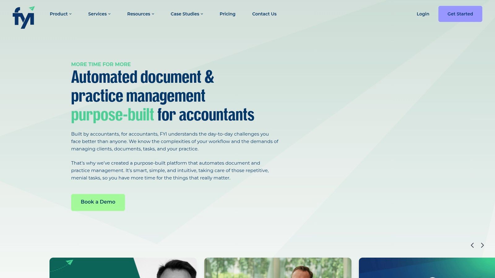 FYI dashboard showing client workspaces and automated document filing for accounting firms.