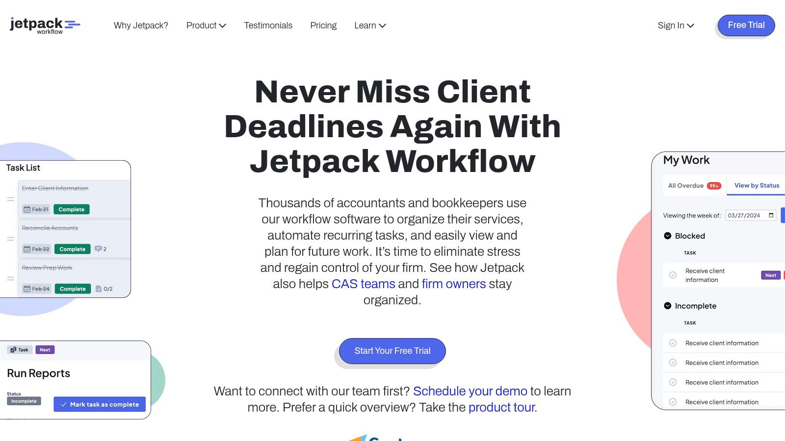 Jetpack Workflow dashboard showing team tasks and upcoming deadlines for an accounting firm.