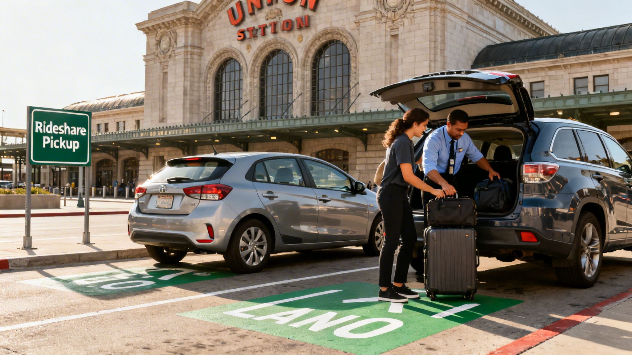 Amtrak Los Angeles Airport: Your Guide to amtrak los angeles airport Transfers 3 Rides On Time A woman and a driver load luggage into an SUV at a rideshare pickup zone outside Union Station.