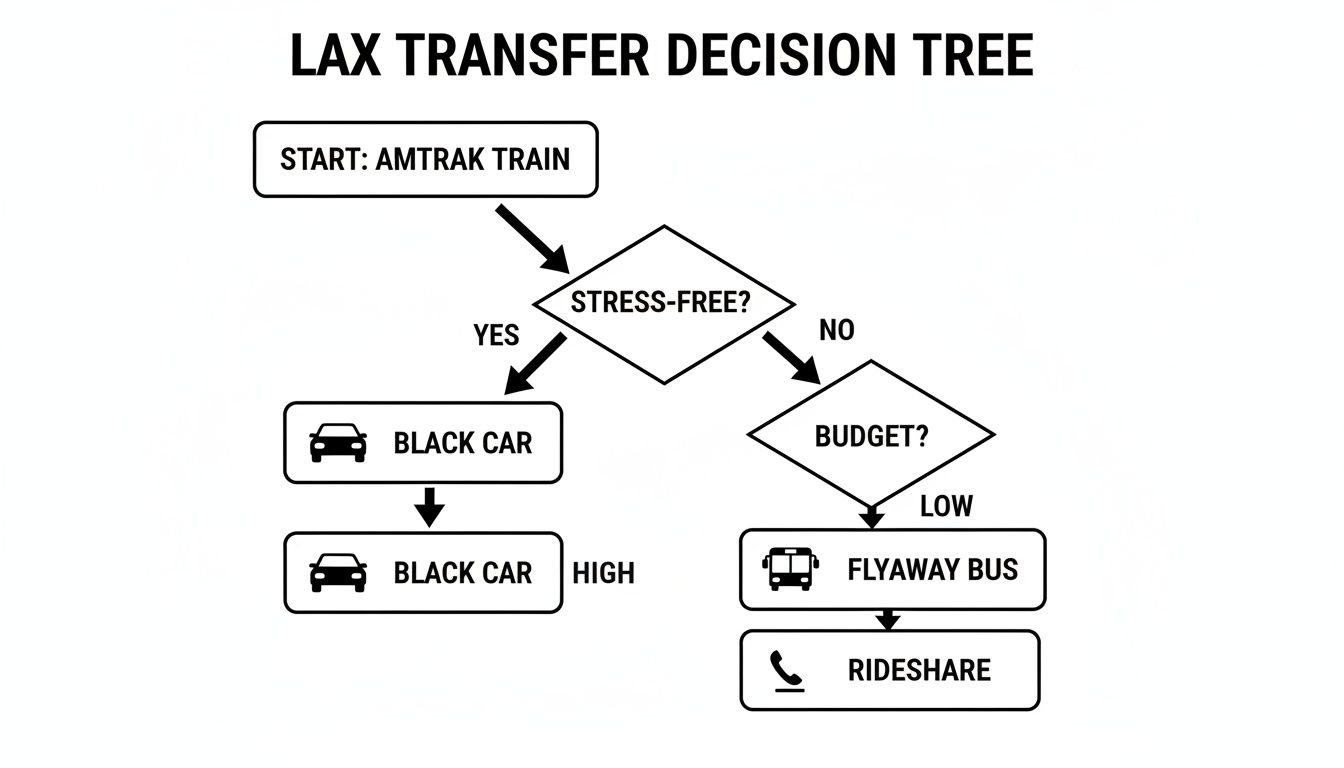 Amtrak Los Angeles Airport: Your Guide to amtrak los angeles airport Transfers 4 Rides On Time Flowchart detailing LAX transfer options from Amtrak train based on stress and budget preferences.