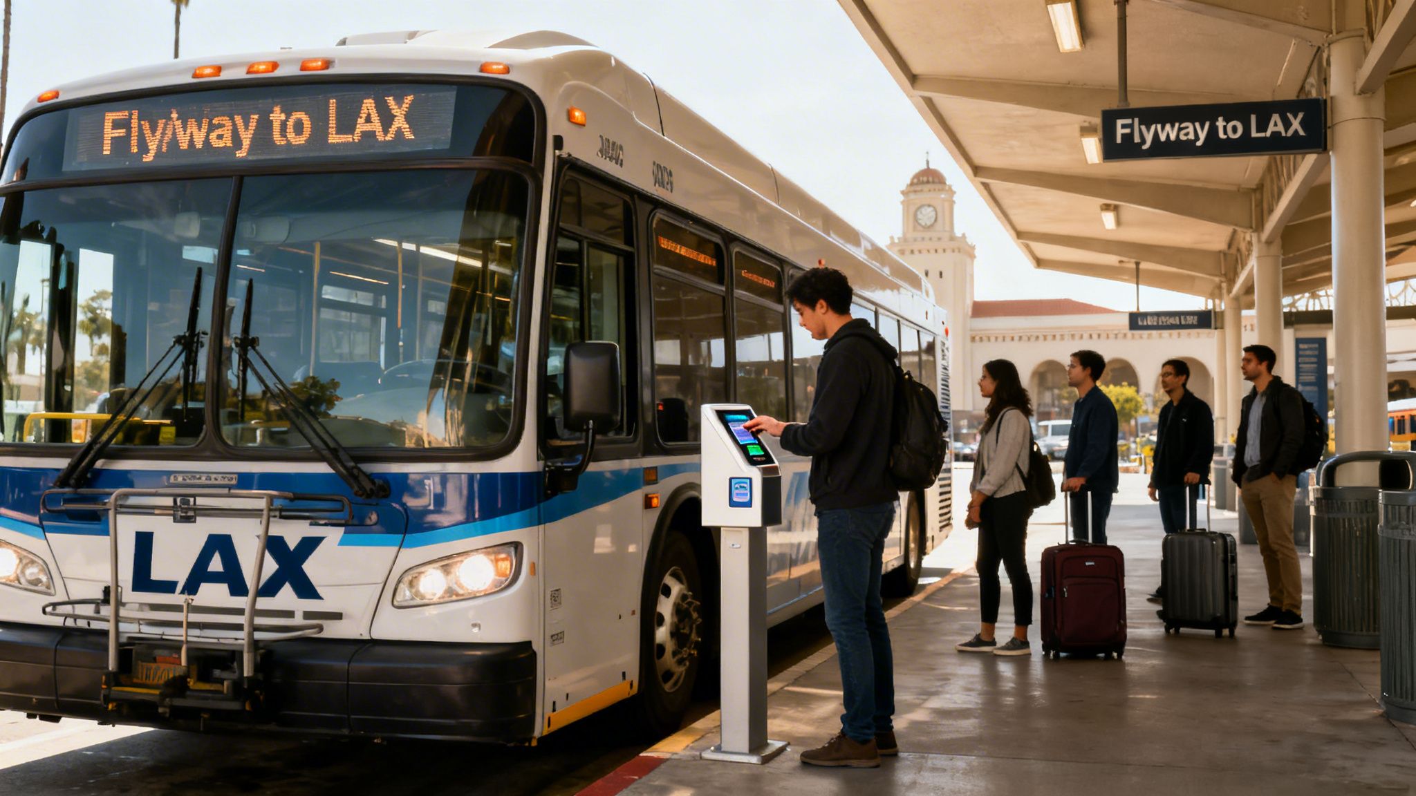 Amtrak Los Angeles Airport: Your Guide to amtrak los angeles airport Transfers 2 Rides On Time People wait at a bus stop for the Flyaway bus to LAX, with one person using a ticket machine.