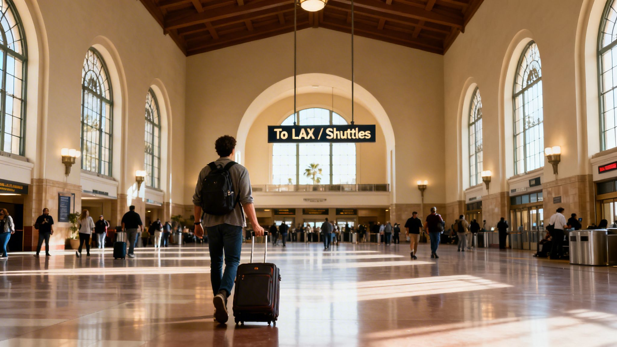 Amtrak Los Angeles Airport: Your Guide to amtrak los angeles airport Transfers 1 Rides On Time A traveler pulls a suitcase through a grand train station, heading towards a "To LAX / Shuttles" sign.