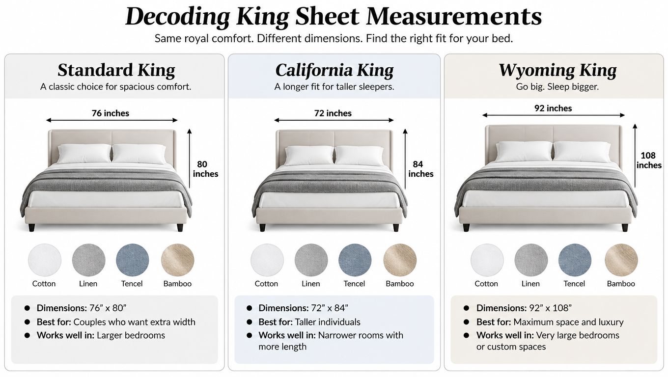 A comparison chart showing dimensions and descriptions for Standard King, California King, and Wyoming King beds.