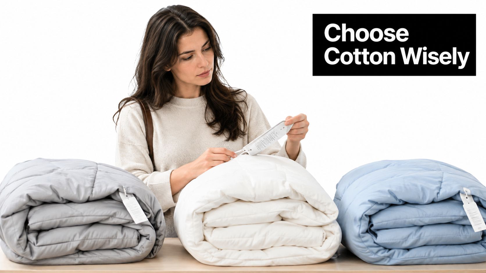 A woman shopping for bedding reads a tag on a soft white cotton-filled comforter in a store.