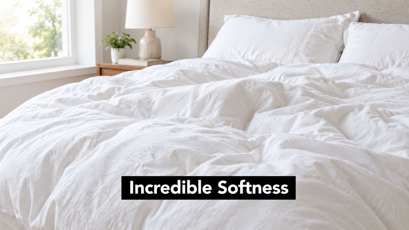 A cozy white jersey material comforter on a bed with a lamp and plant in the background.