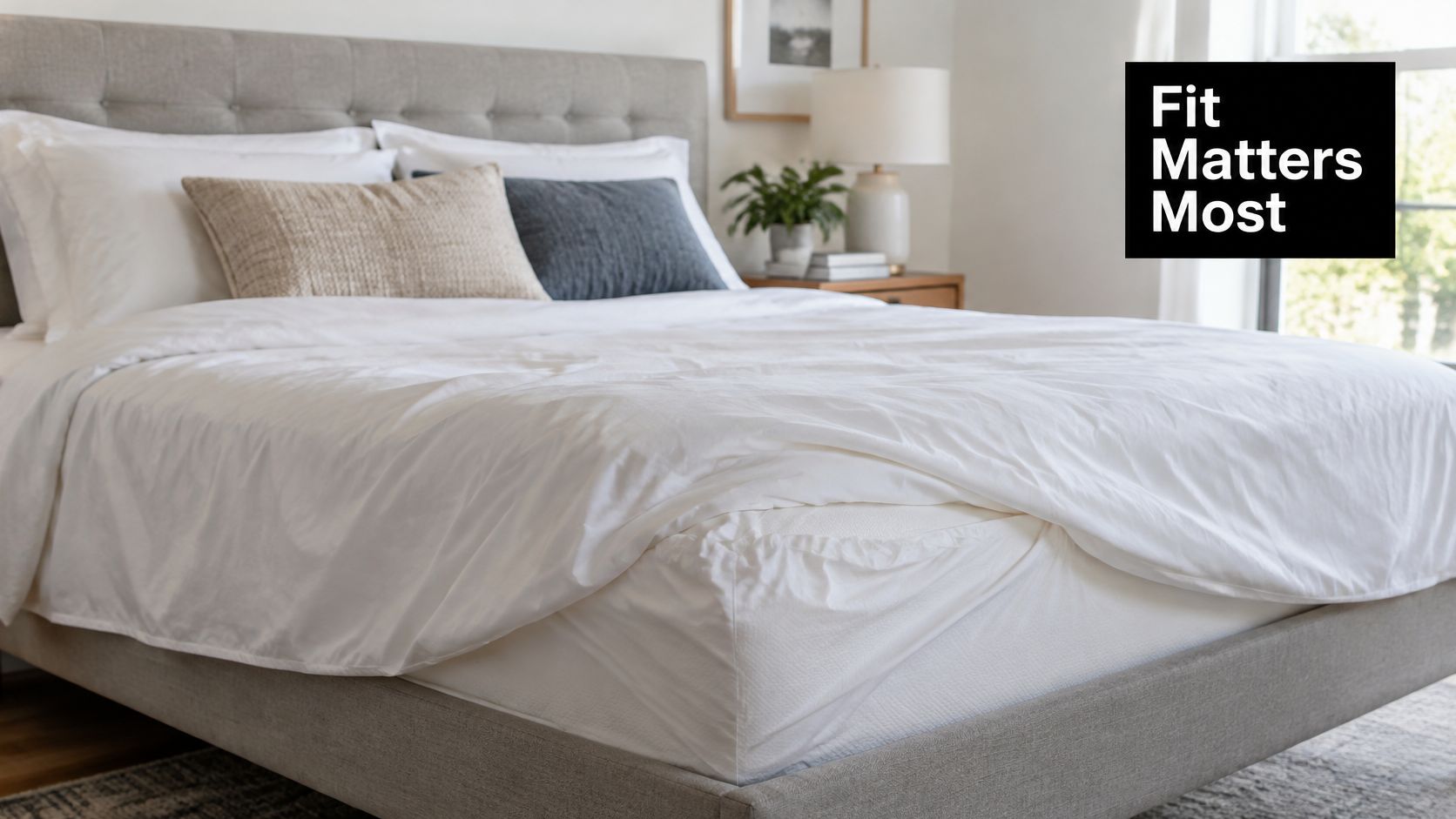 A neatly made bed with white linens and decorative pillows featuring a textured headboard in a bright bedroom.