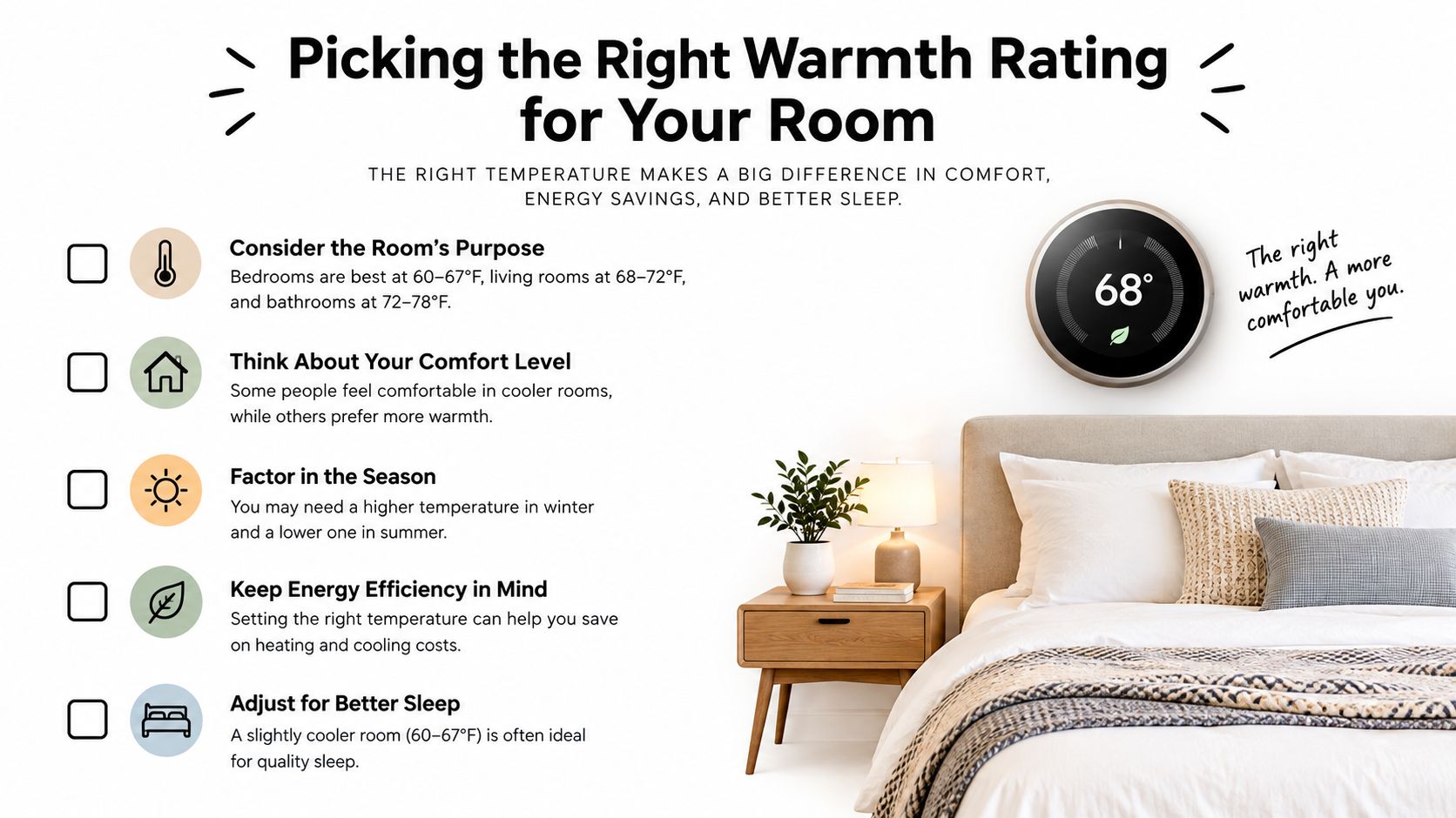 An infographic titled Picking the Right Warmth Rating for Your Room, showing five tips for home temperature control.