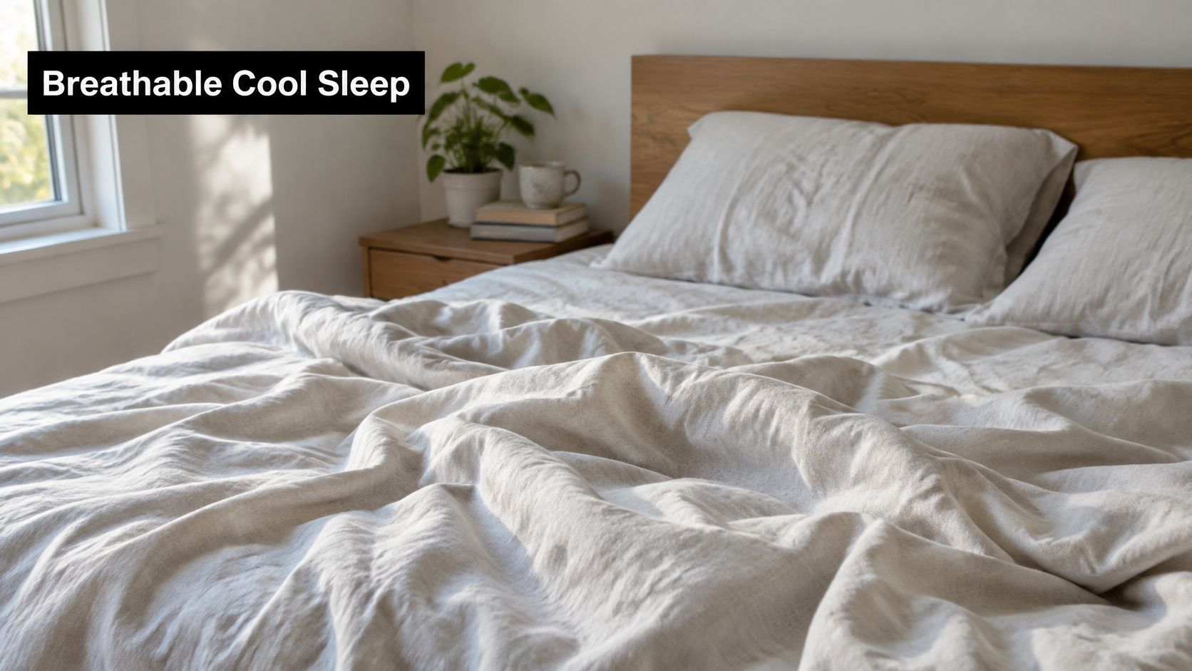 A neatly made bed with light beige linen bedding and pillows, featuring a natural and calming aesthetic.