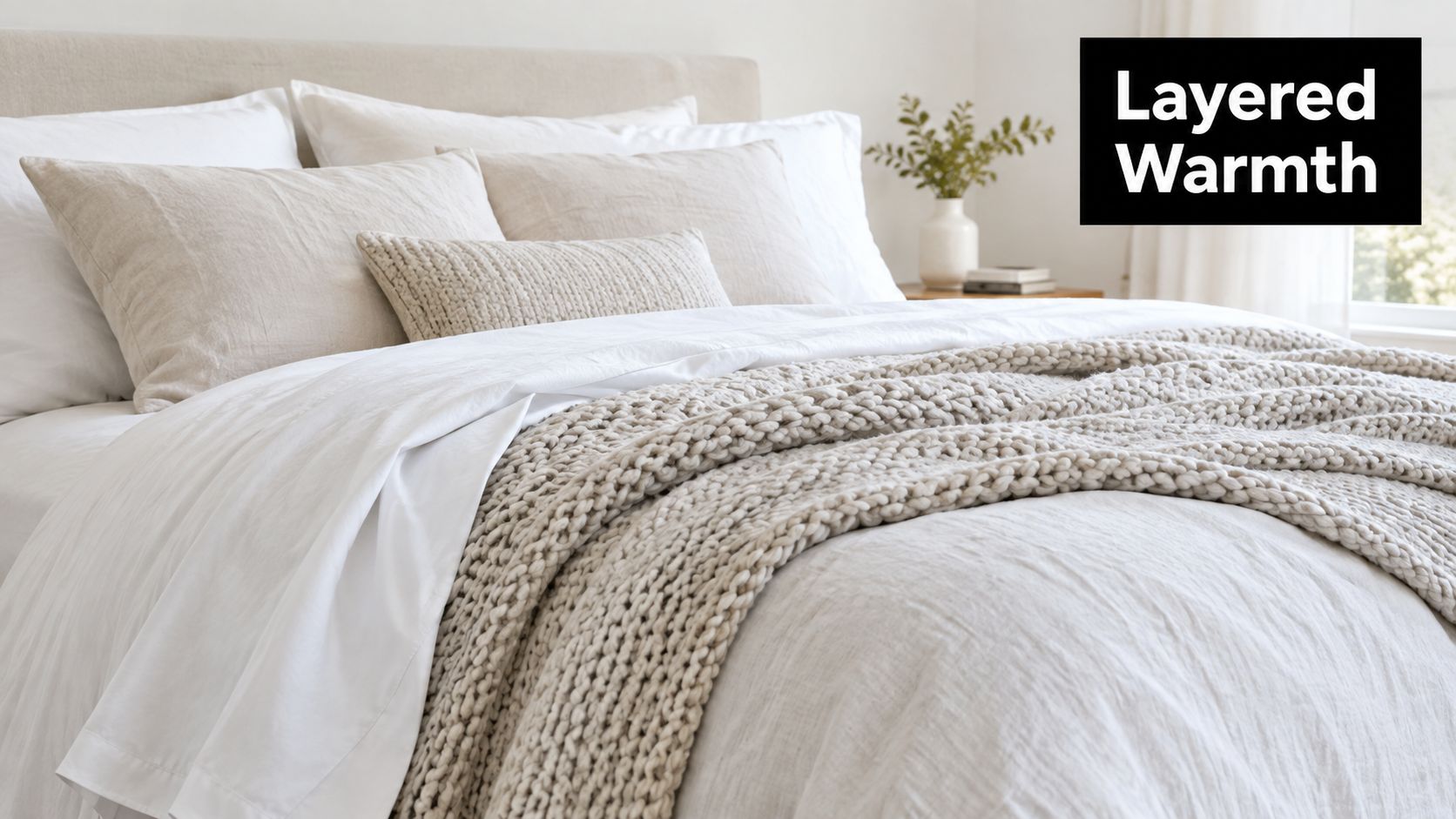 A cozy, neutral-toned bedroom scene featuring layers of soft white and beige bedding with a chunky knit blanket.
