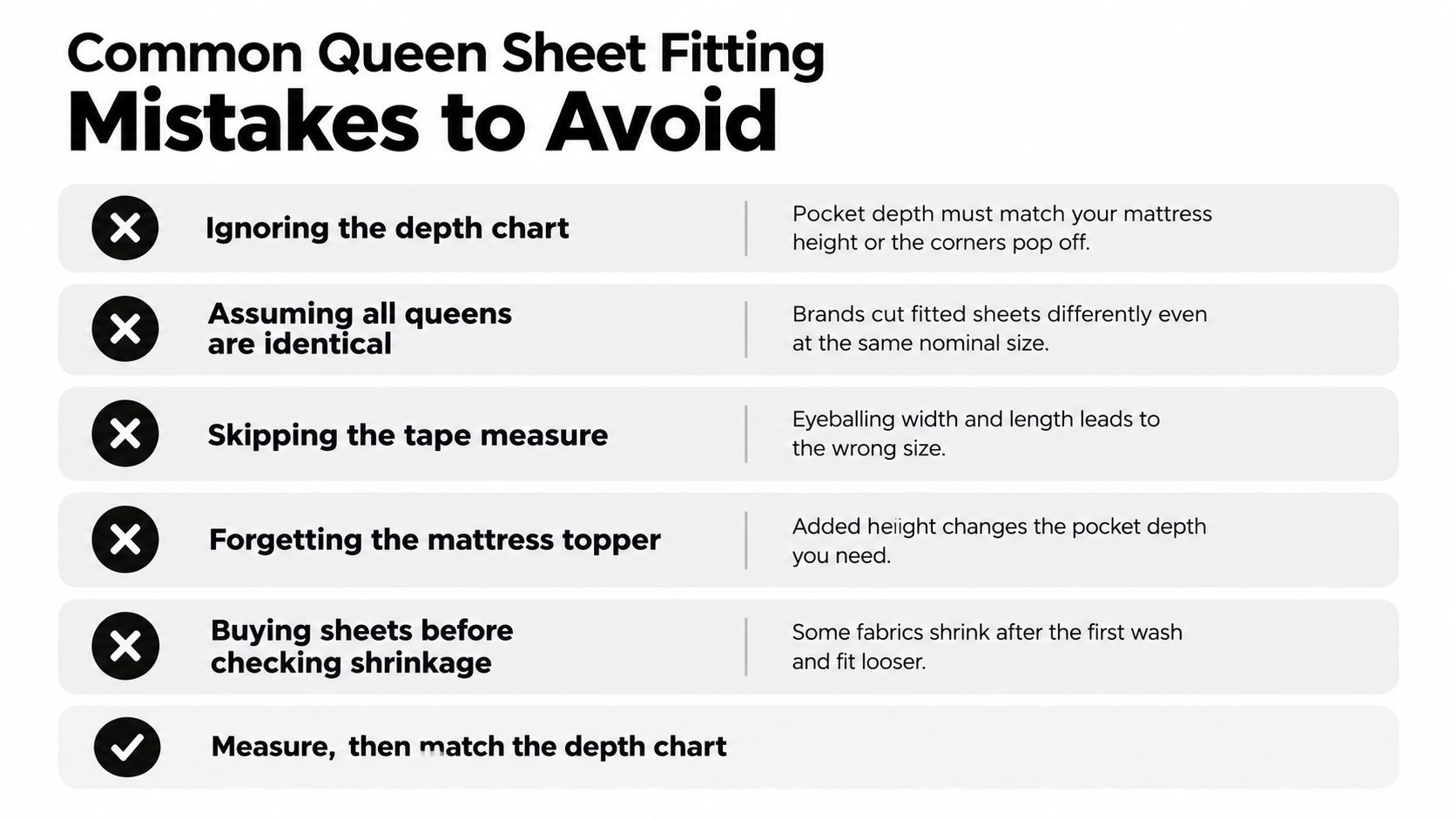 A list of common mistakes to avoid when purchasing and fitting queen sized bed sheets.