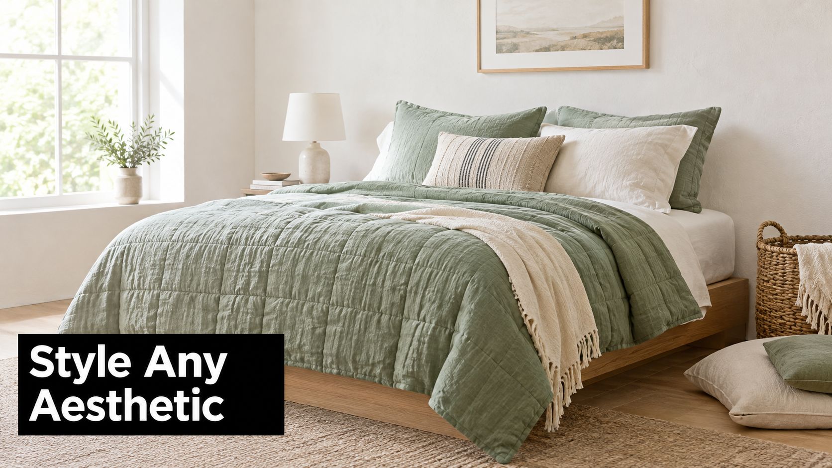 A cozy bedroom featuring a sage green quilted bedspread, wooden bed frame, and neutral layered throw pillows.
