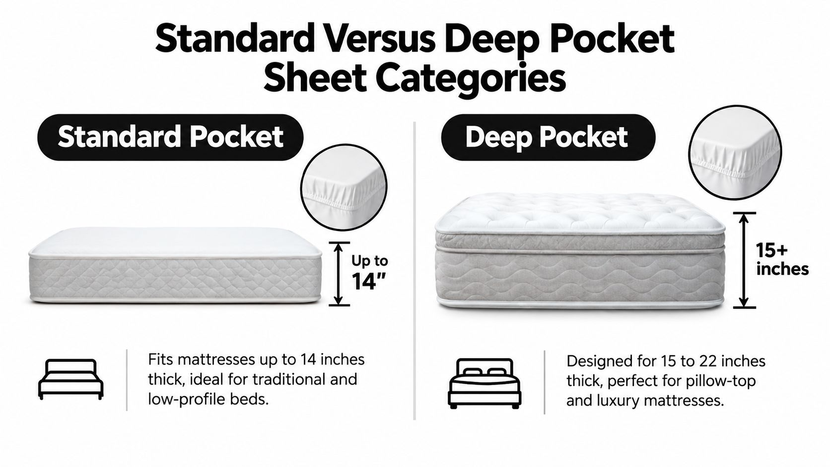 A comparison chart showing the differences between standard pocket and deep pocket fitted sheet sizing for mattresses.