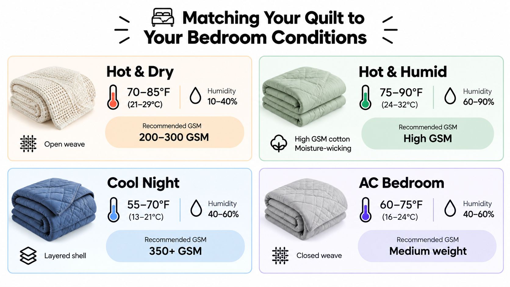 A chart showing recommendations for choosing a cotton quilt based on different bedroom temperature and humidity levels.