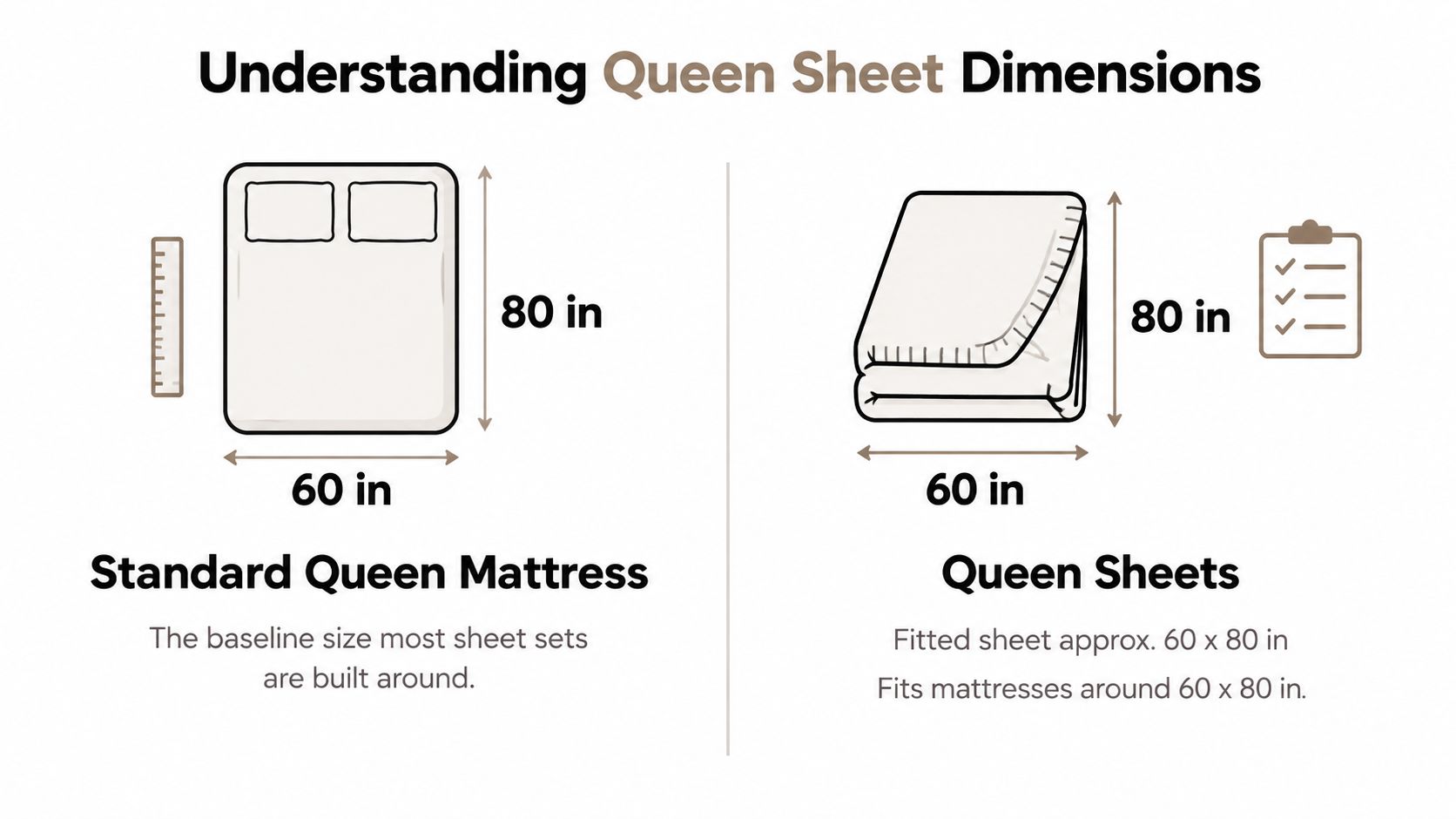 A diagram comparing the dimensions of a standard queen mattress and queen size bed sheets.