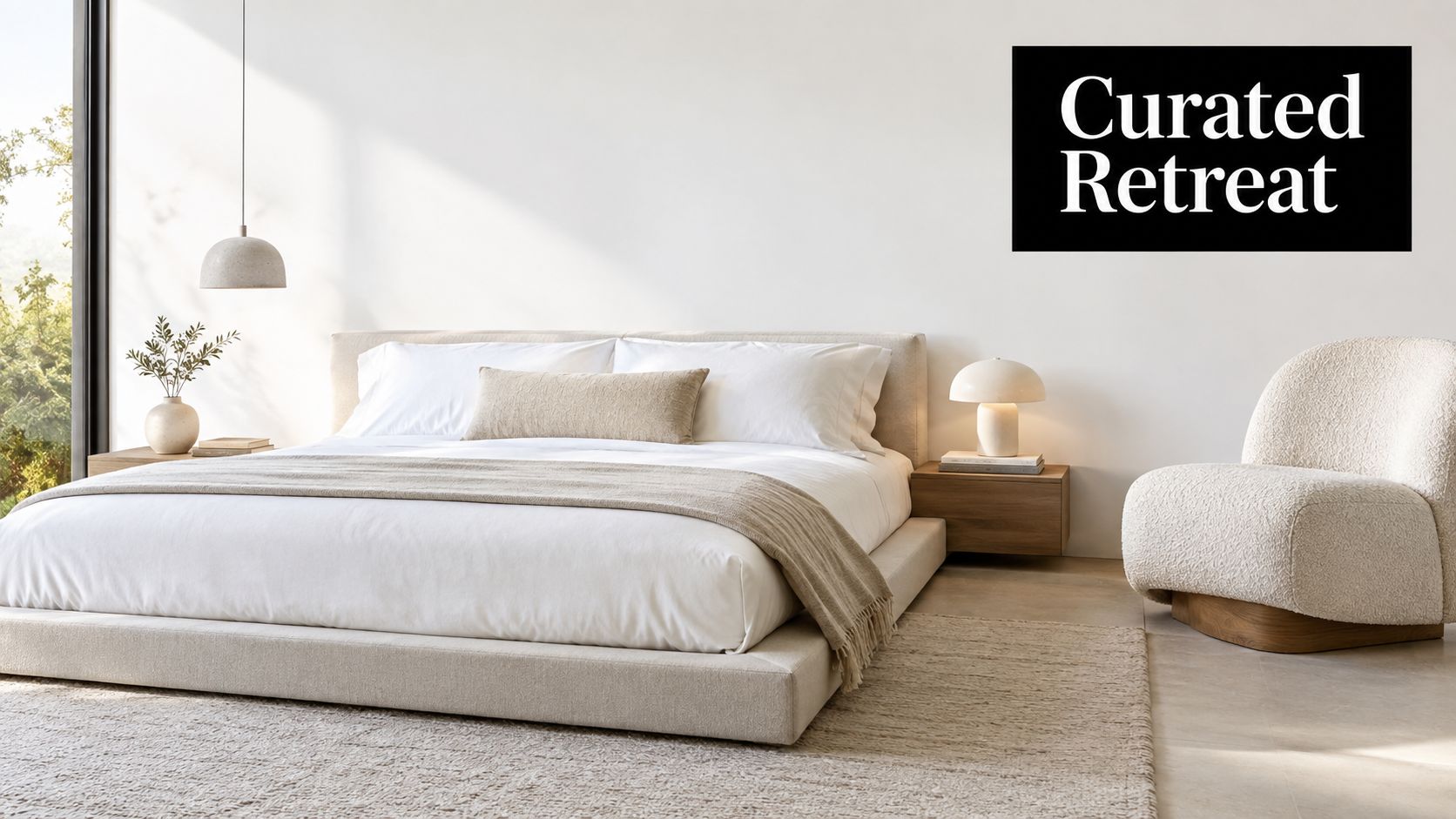 A modern luxury bedroom featuring a plush bed, soft textures, neutral tones, and elegant minimalist furniture.