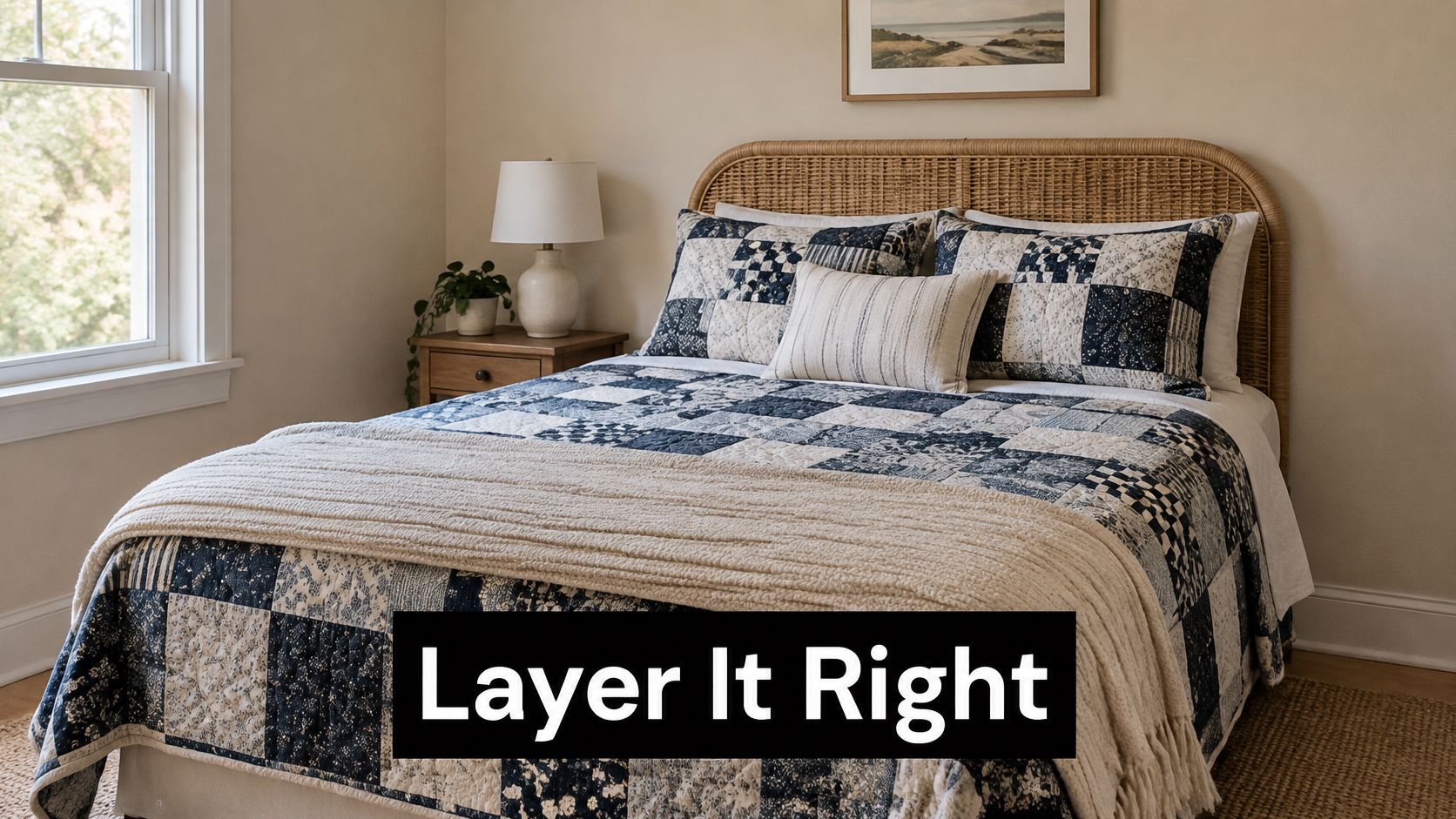 A cozy bedroom featuring a classic blue and white patchwork quilt bedding set on a wooden frame.