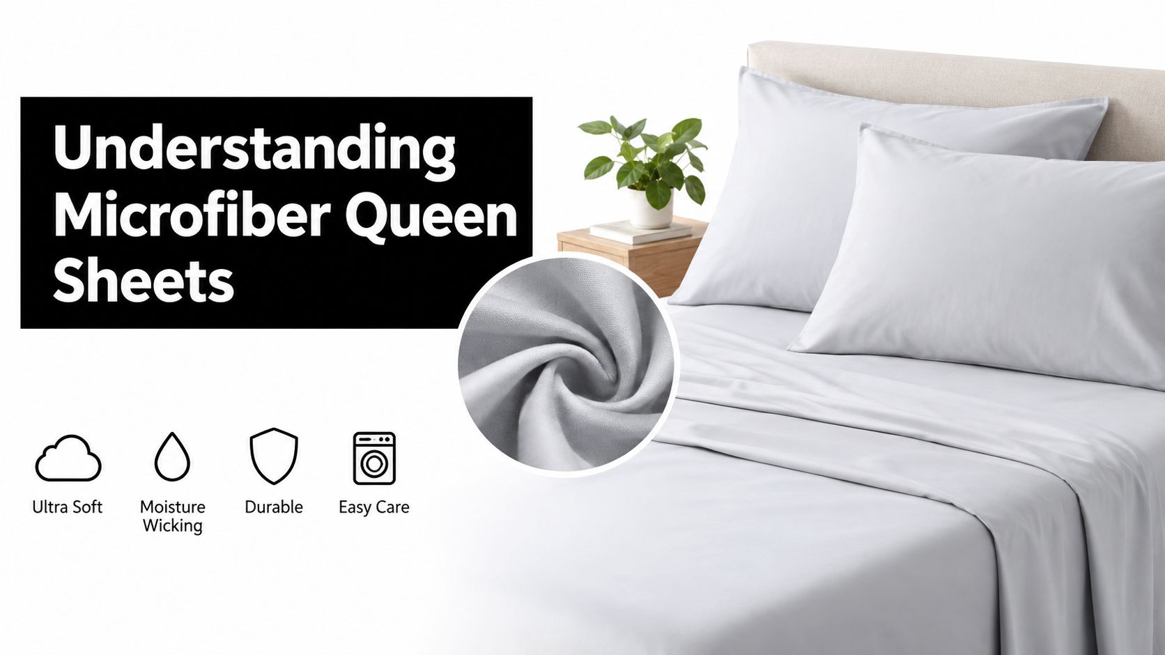A close-up view of soft gray microfiber queen sheets on a bed with feature icons shown.