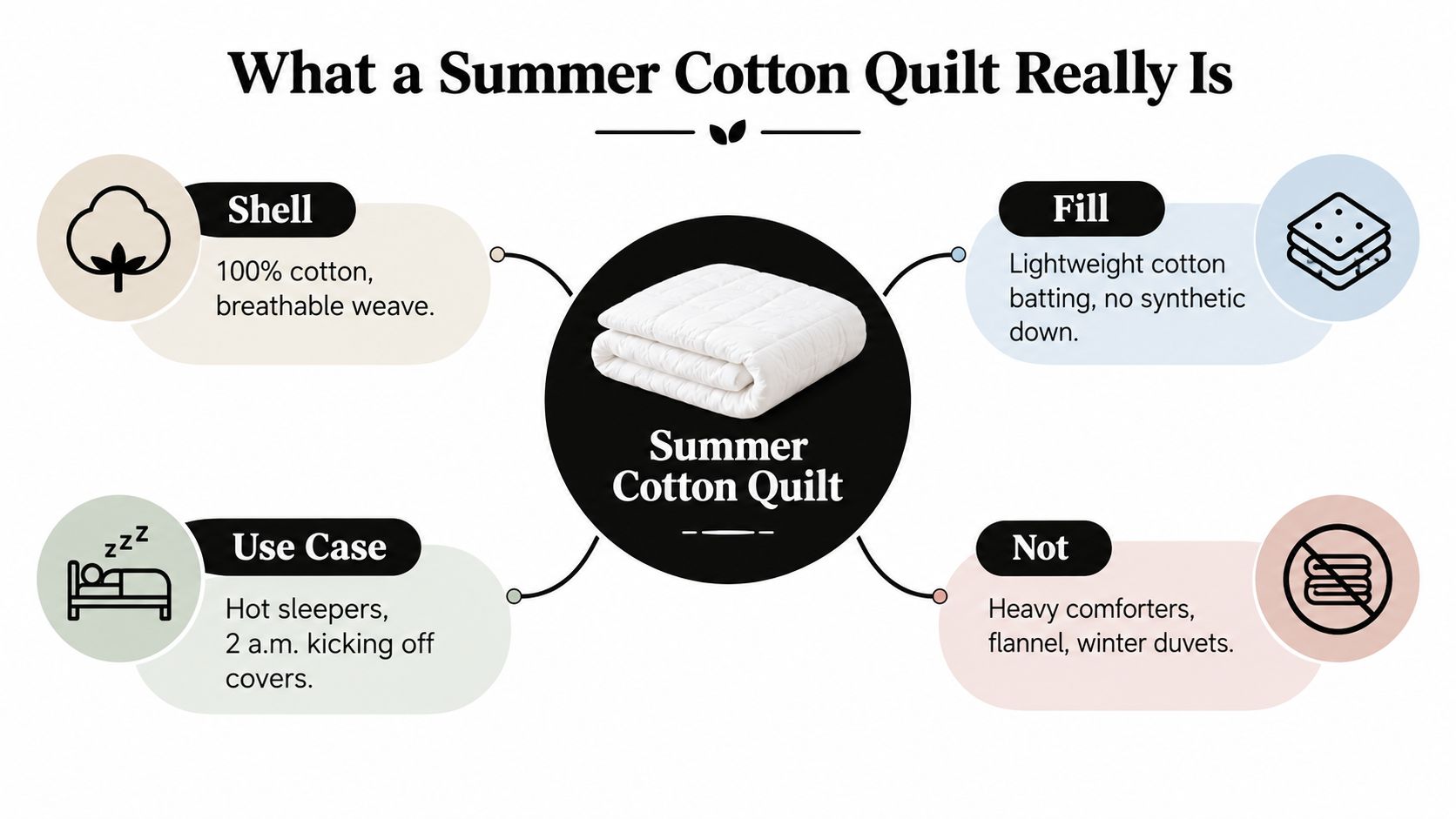 An infographic detailing the features of a summer cotton quilt, including its shell, fill, use case, and what it is not.