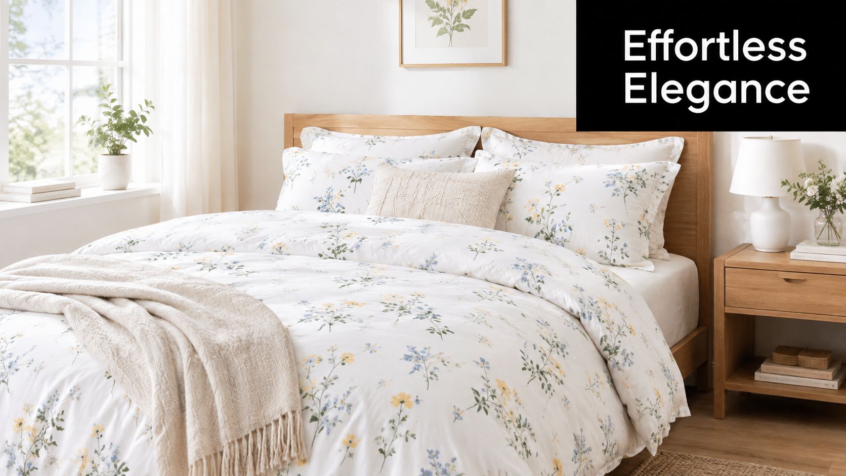 A cozy bedroom featuring floral white bedding with a wooden headboard, side table, and minimalist decor.