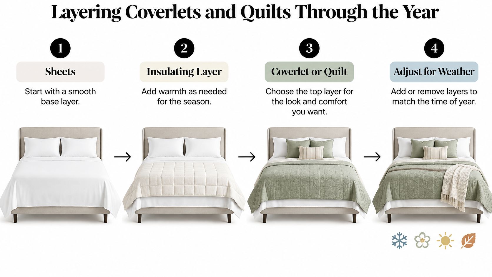 A diagram illustrating the four-step process of layering bed sheets, quilts, and coverlets for seasonal comfort.