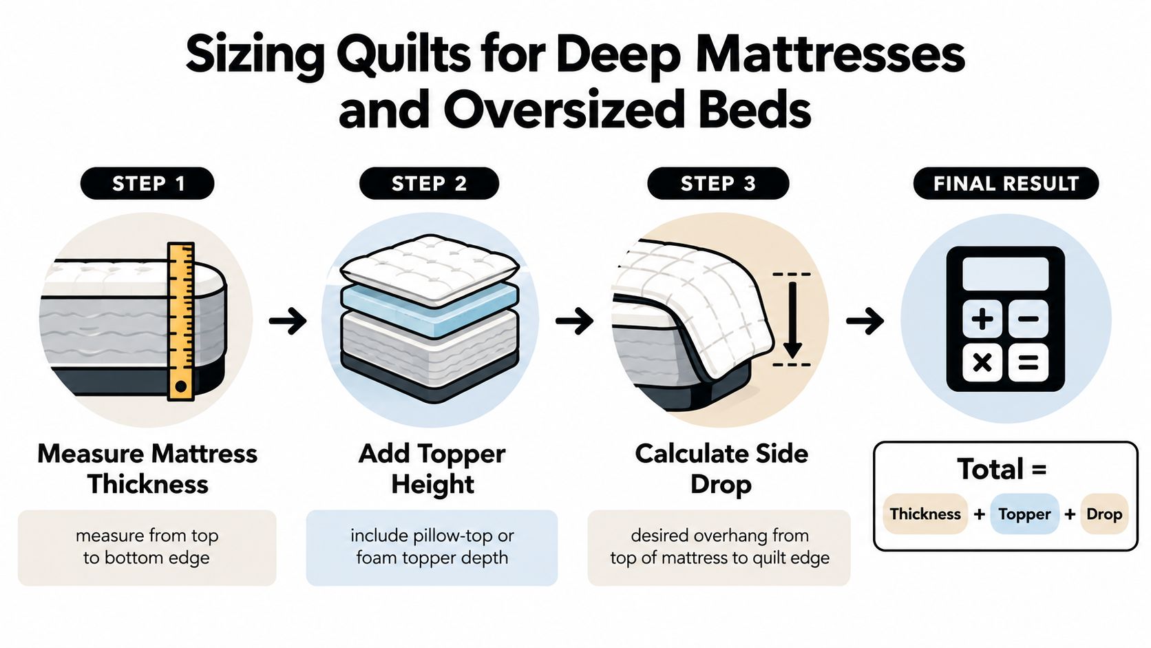 A four-step infographic showing how to measure and calculate the correct quilt size for deep mattresses.