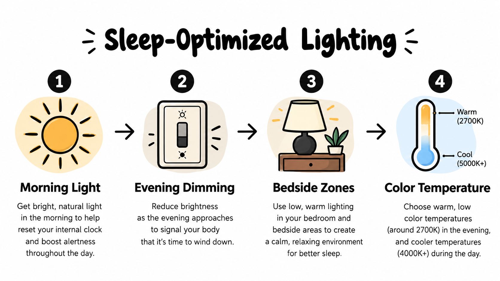 An infographic showing four steps for sleep-optimized lighting to help regulate your body's natural sleep-wake cycle.